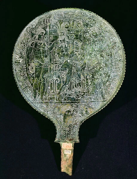 Back of a mirror depicting the Dioscuri, found at the necropolis of Santa Caterina (engraved bronze)
