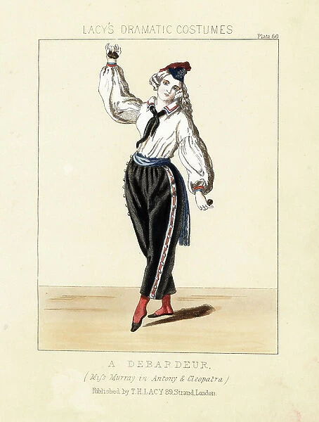 Miss Emma Murray as Cleopatra in costume as a barge porter in Charles Selby's burletta 'Antony and Cleopatra, ' 1843. She wears a white shirt, velvet pants and holds castanets. The costume became a popular fancy dress staple