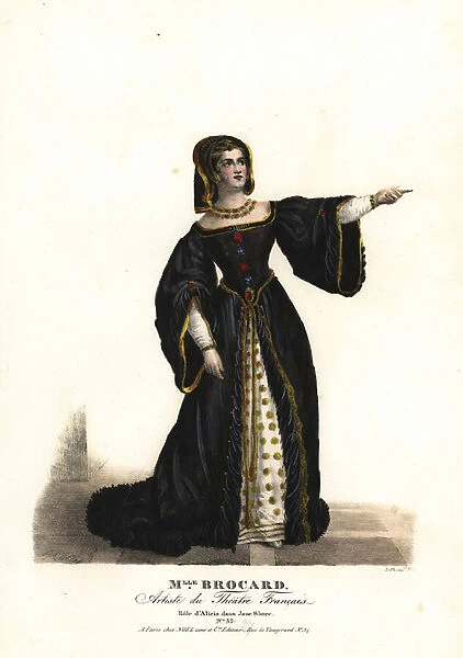 Miss Suzanne Brocard as Alicia in Jane Shore (Richard III and Jeanne Shore) by Nepumucene Lemercier, Theatre Francais, 1824. Handcoloured lithograph by F