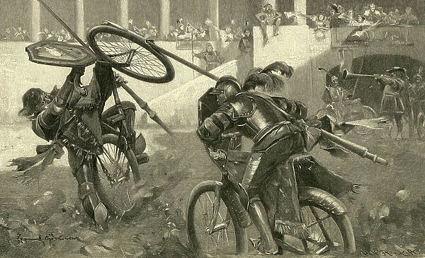Modern tournaments with bicycles, drawing by Zygmund Ajdukiewicz, from the magazine ' UeberLand und Meer ', 1898 (engraving)
