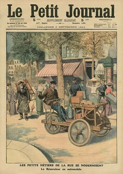 Modernisation of the street jobs, the knife grinder in his car, illustration