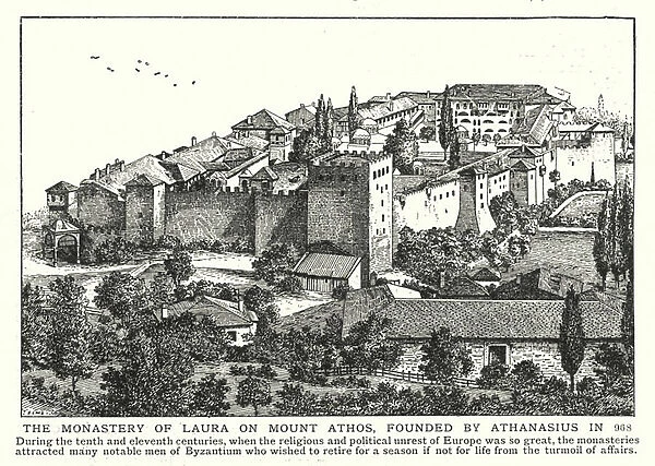The monastery of Laura on Mount Athos, founded by Athanasius in 968 (litho)
