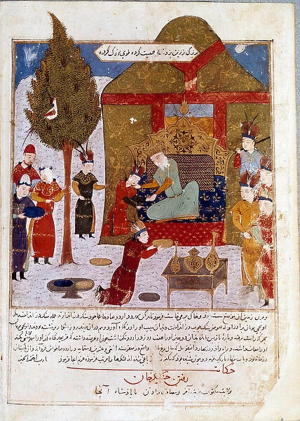 Mongolian Emperor Genghis Khan (1167-1227) on his throne in a camp near Ilmil with his