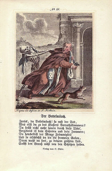 The Monk. The beggar monk returning to his convent with his money bank and purse. Death grabbed him by the hood, and strained him away. Plate 10. Hand-coloured engraving by Christian Von Mechel (or Chretien de Mechel)