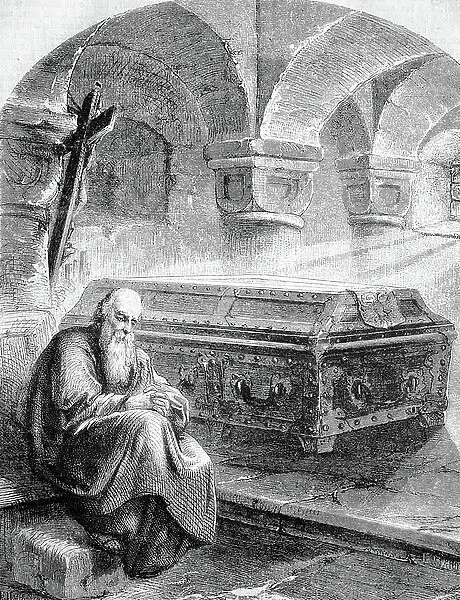 Monk beside the coffin of Henry IV on Meuse Island, historical wood engraving, circa 1888