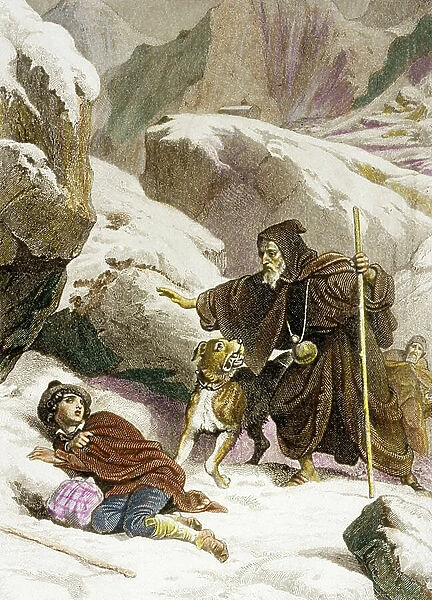 Monks of the Great St Bernard Pass resucing with their dog, for 'Genie du Christianisme' 1852 (engraving)