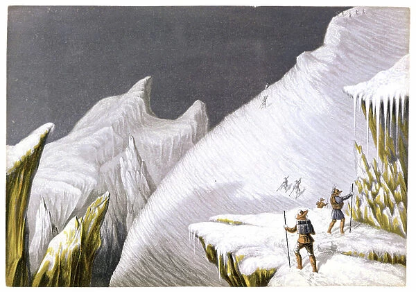 Mont Blanc mountaineering, an Alpine peak lying on the French-Italian border, c.1855 (print)