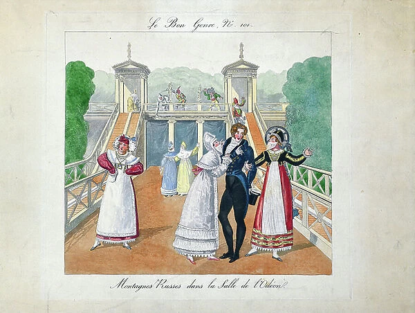 Montagnes Russes dans la Salle de l'Odeon, 1817 (hand coloured etching on paper)
