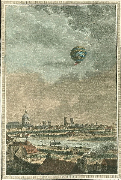 Montgolfier brothers hot air hot air balloon over Paris, France, 1783 (engraving)