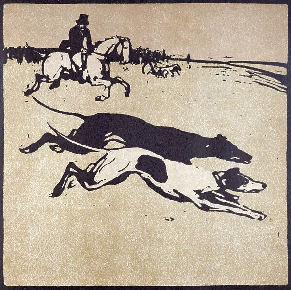 The Month of February: Hare Coursing, from An Almanac of Twelve Sports, with words by Rudyard Kipling, first published by William Heineman, 1898 (colour litho)