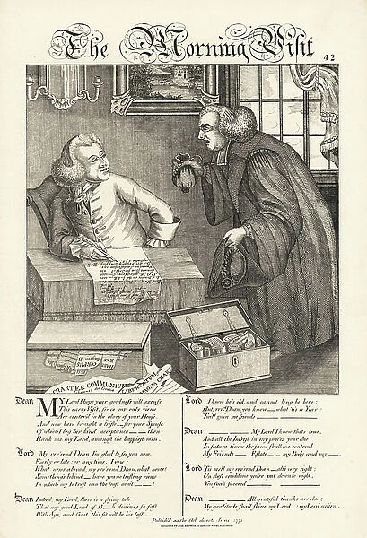 The Morning Visit: Caricature on the relations between aristocracy and the clergy. Lord at his table writing with a quill pen surrounded by documents and charters