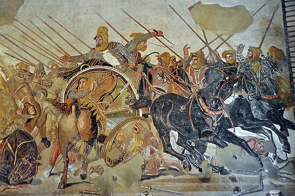 Detail of a mosaic of Pompei: Battle of Issos between Alexander and Darius (4th century BC). - King Darius III Codoman (380-330 BC), desempare on his chariot - opus vermiculatum - Archeological Museum of Naples, Italy - Museo Archeologico Nazionale