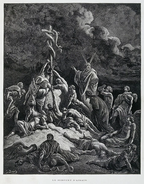 So Moses made a bronze snake and put it up on a pole. Numbers 21:7, Illustration from the Dore Bible, 1866