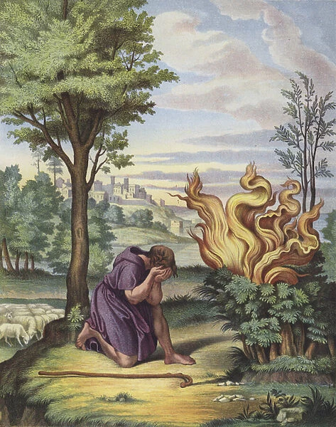 Moses and the Burning Bush (colour litho)