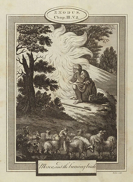 Moses and the burning bush, Exodus, Chapter III, Verse 2 (engraving)