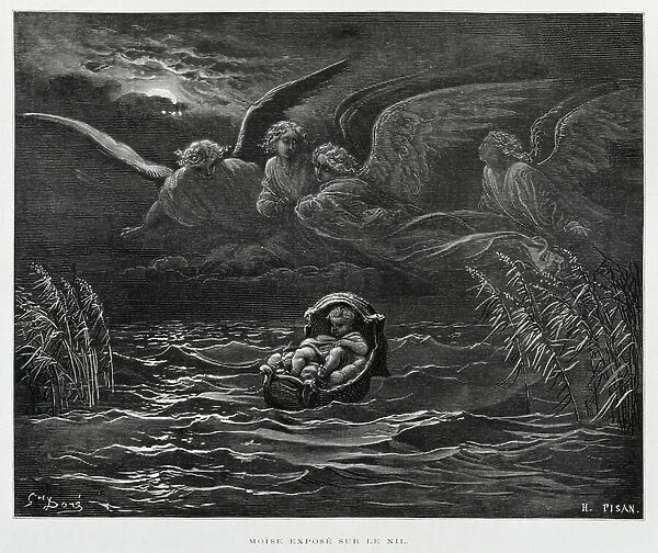 Moses cast adrift in a basket on the Nile, Illustration from the Dore Bible, 1866
