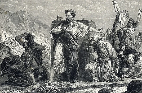 Moses destroying the golden calf after the table of the law. 19th century (engraving from L'histoire sainte by Lahure)