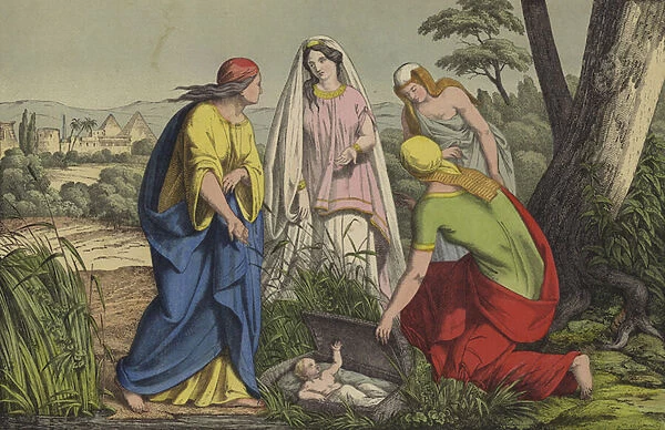 Moses found by Pharaohs Daughter (colour litho)
