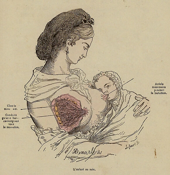 Mother breastfeeding her baby (coloured engraving)