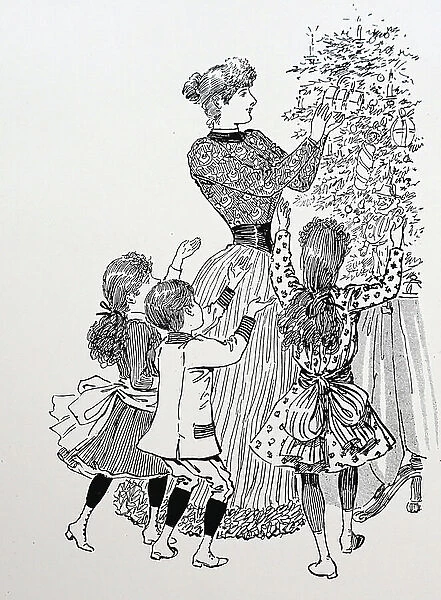 Mother and children handing out the presents from the Christmas tree, 1891 (engraving)