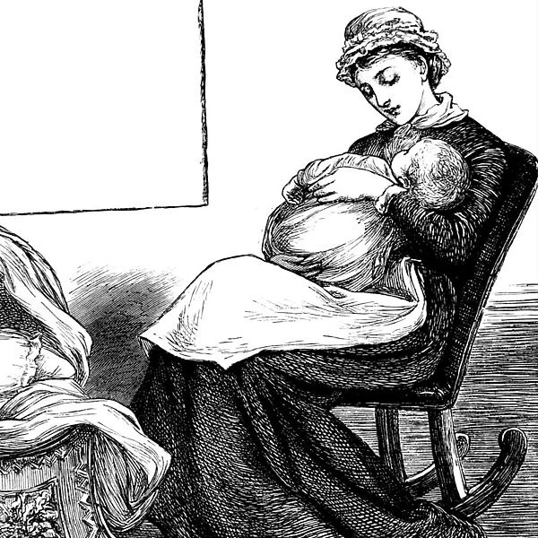 A mother cuddling her child, whilst sat on a rocking chair, 1850