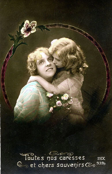 Mother and her daughter giving her a kiss. Postcard ' All our caresses and dear memories', 1910 years