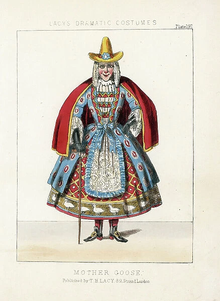 Mother Goose, Victorian costume of a children's fairytale. She wears a pointed hat, scarlet cape, coat decorated with eggs, apron with ruffles, and skirt decorated with geese