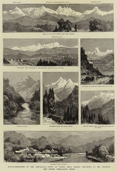 Mountaineering in the Himalayas, Views of Nanda Devi, partly ascended by Mr Graham, and other Himalayan Peaks (engraving)