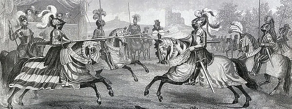 Two mounted knights in full armour jousting in a medieval tournament, from a 19th century engraving