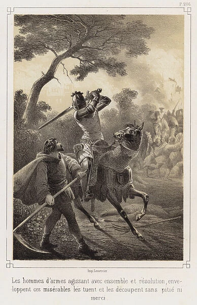 Mounted knights killing peasants (litho)