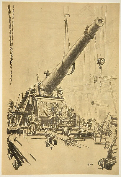Mounting a great gun, illustration from The Western Front, pub. by Country Life Ltd, 1917 (litho)