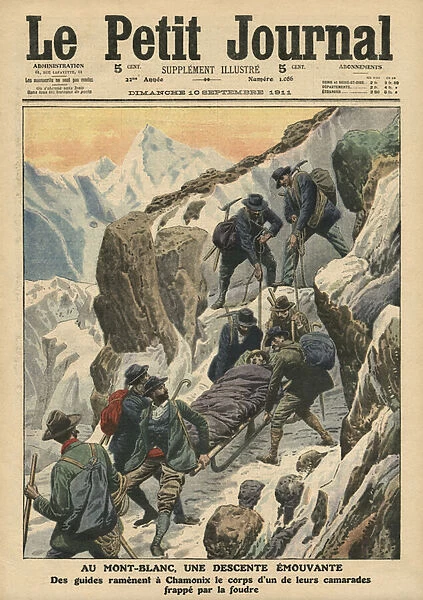 A moving descent down the Mont Blanc, illustration from Le Petit Journal, supplement illustre, 10th September 1911 (colour litho)