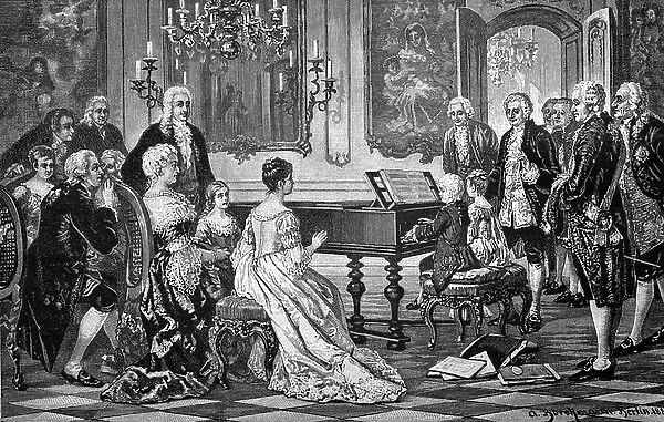 Mozart and his sister playing in front of the Empress Maria Theresia, historic engraving, 1888