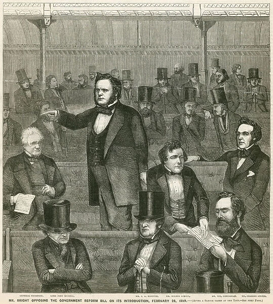 Mr John Bright opposing the Government Reform Bill on its introduction, 28 February 1859 (engraving)