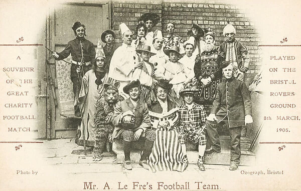 Mr A le Fres football team, souvenir of a charity match played at Bristol Rovers ground, 8 March 1905 (b  /  w photo)