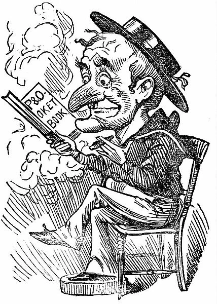Mr Punch reading the P&O Pocket Book whilst smoking a cigar, 1850
