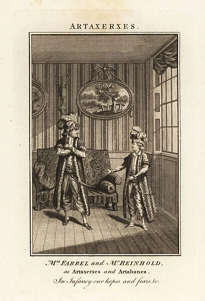 Mrs Margaret Farrel and Mr Charles Frederick Reinhold in Persian costume as Artaxerxes and Artabanes in Thomas Arnes opera Artaxerxes, 1777