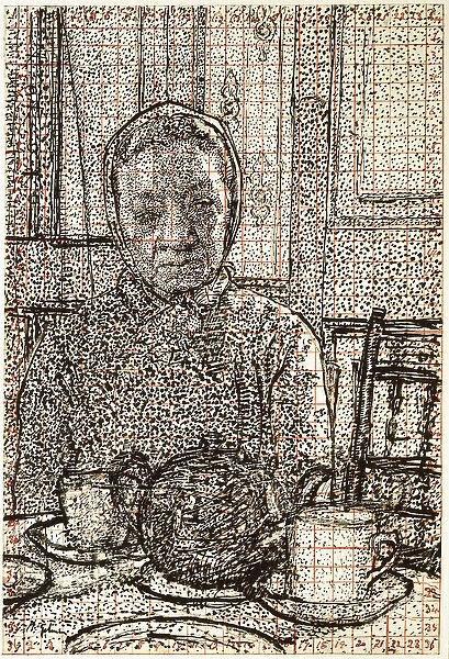 Mrs Mounter at the breakfast Table, 1916 - 1917 (pen and black ink, partly scratched