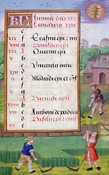 Ms 1058-1975 f6r Mowing Grass, illuminated calendar page for June, from a Book of Hours, c. 1500 (vellum)