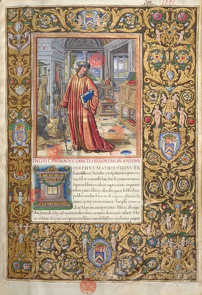Ms. 1581 f. 001 Flavius Josephus in his study, illustration for the Prologue of the