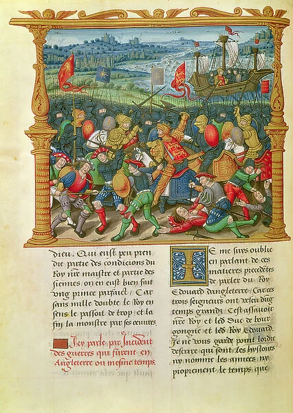 Ms 18 f. 73v King Edward III Waging War at the Battle of Crecy in 1346