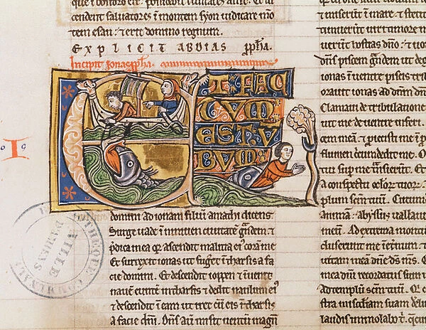 Ms 21 Fol. 163v Historiated initial E depicting Jonah being Thrown into the Sea