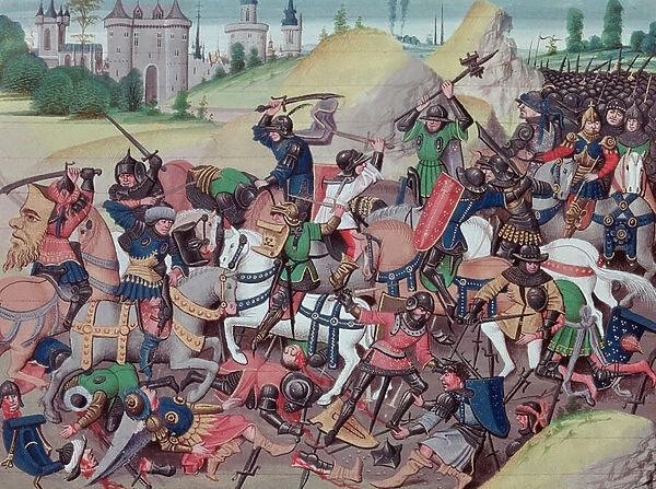 Ms 5089-90 Battle between Saracens and Christians during the Crusades, from Chroniques des empereurs by David Aubert, 1462 (vellum)