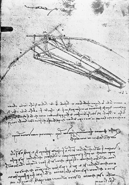 MS B 2173, folio 74v: Study for a flying machine, 1487-1490 (pen & ink on paper)