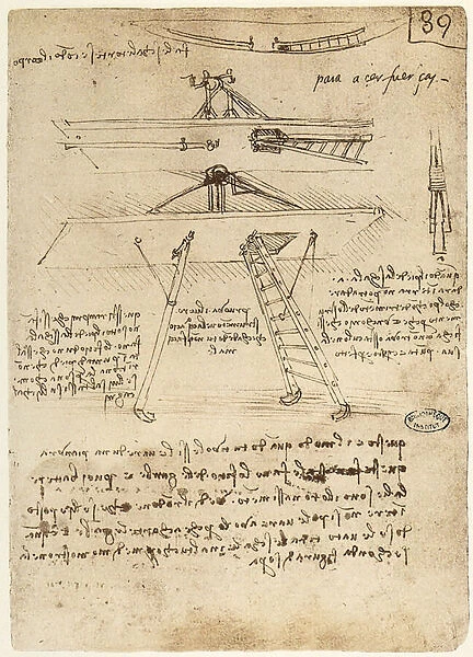 Ms B fol. 89r Take-off and landing gear for a flying machine, 1487-90 (pen & ink on paper)