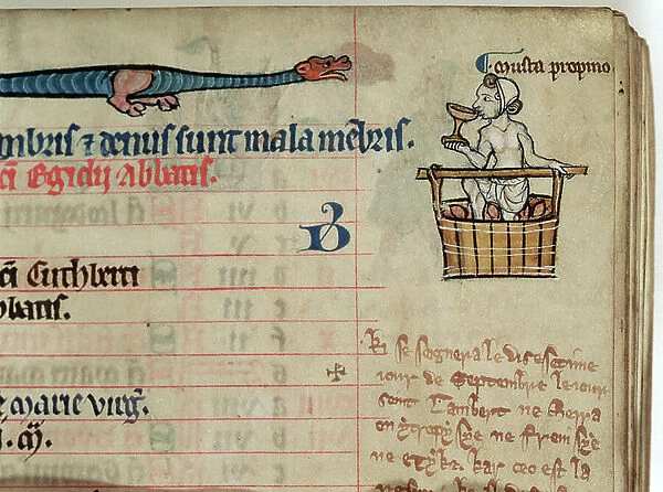 MS CCC 285 f.7 A labourer pressing grapes while drinking, illustration for September, from the calendar of a psalter, English, c.1250-75 (parchment)