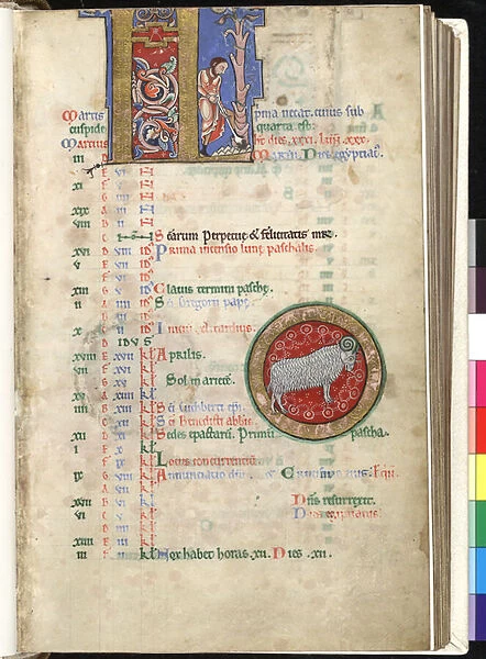 MS Hunter 229 f. 2r March, from the Hunterian Psalter, c. 1170 (pen & ink and tempera on vellum)