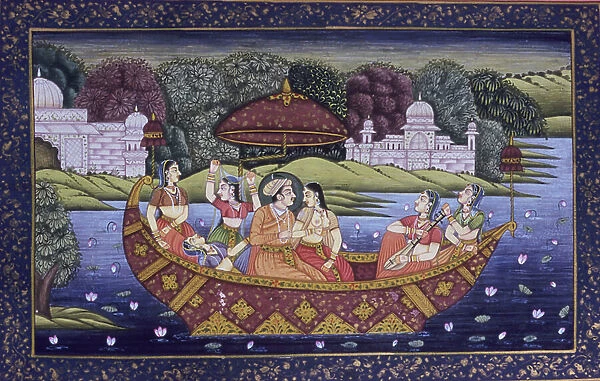 Mughal Miniature Painting on Paper, King Love Scene and Enjoying Music in Boat