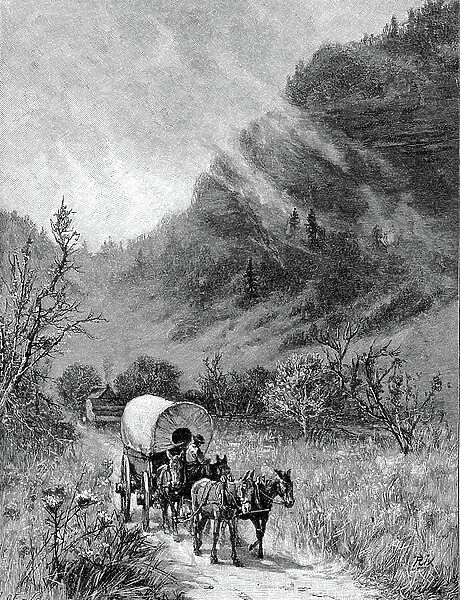 Mule wagon passing through the Cumberland Gap, Kentucky. Wood engraving, Harper's Magazine, 1886