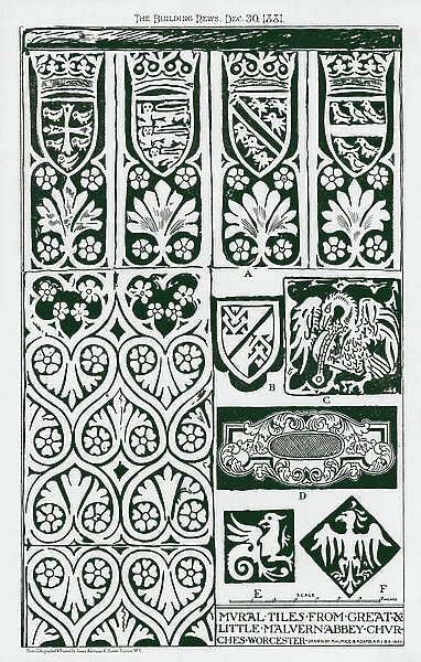 Mural Tiles from Great Little Malvern Abbey, Churches, Worcester (litho)
